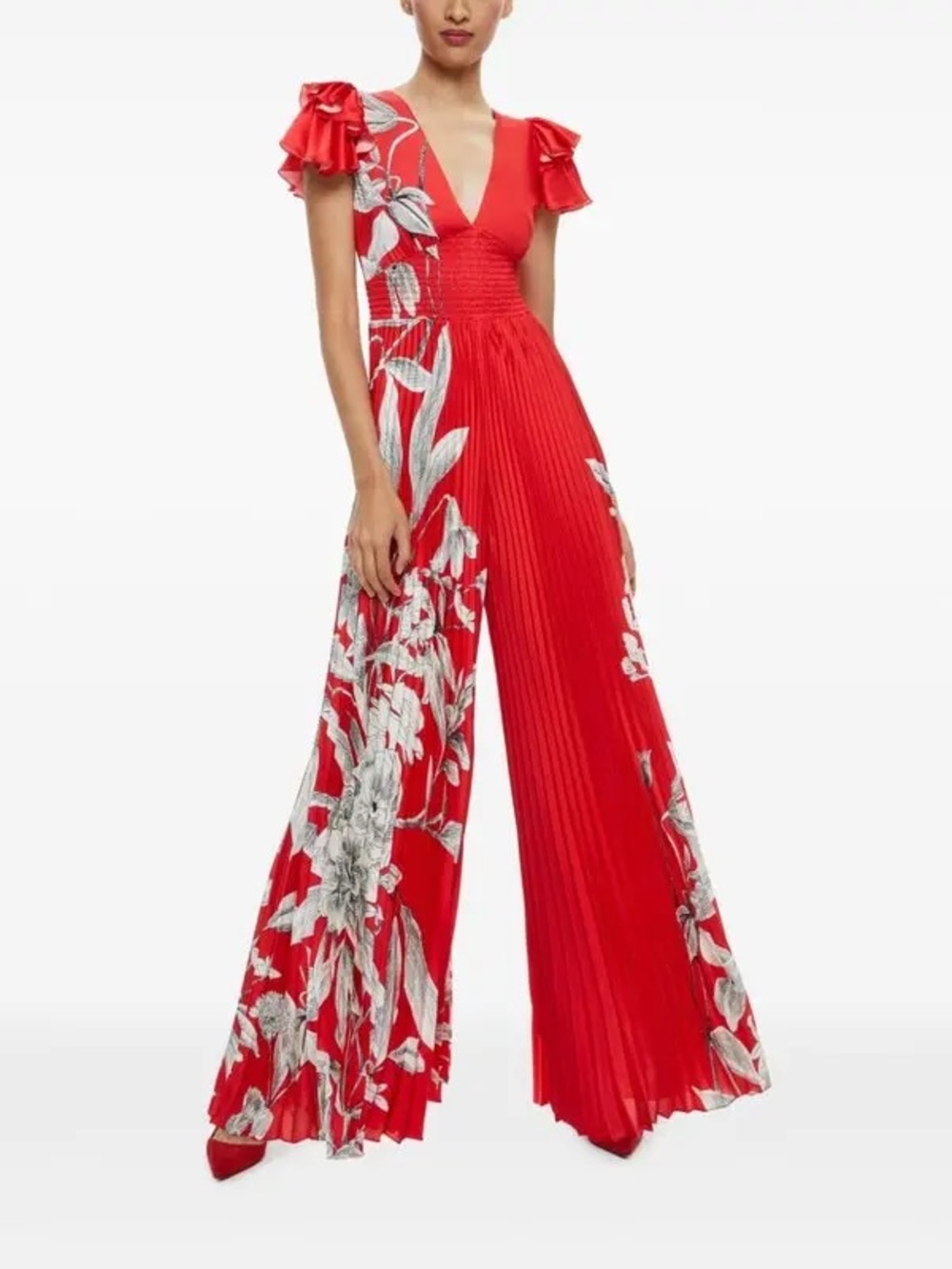 Alice + Olivia Bennet Red Floral Pleated Wide-Leg Jumpsuit Revolve - Picture 6 of 6